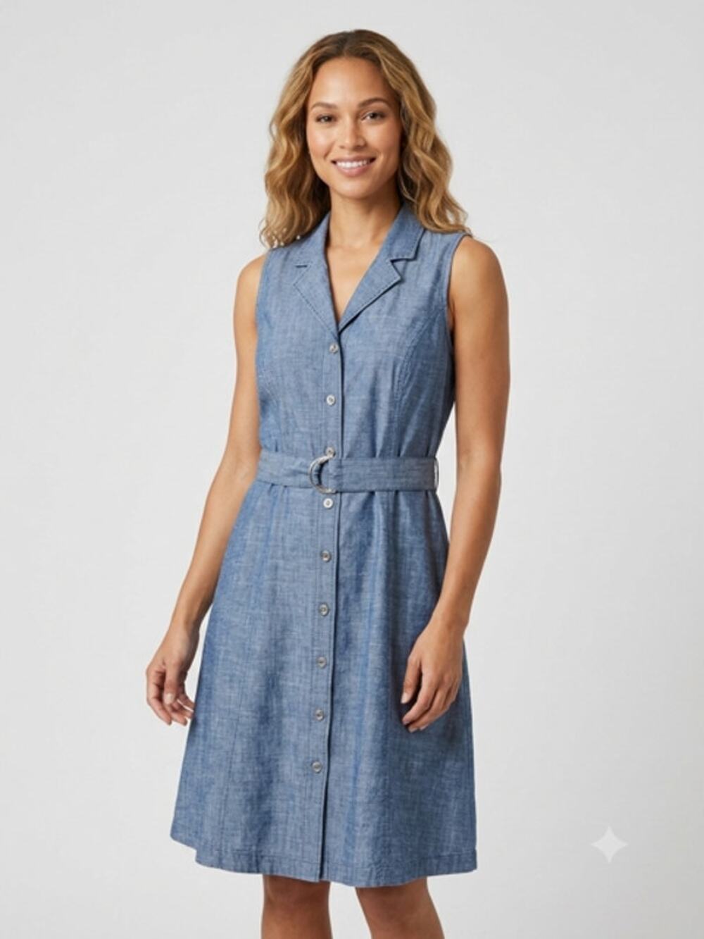Emma James Blue Chambray Cotton Belted Sleeveless Shirt Dress Pockets Size L